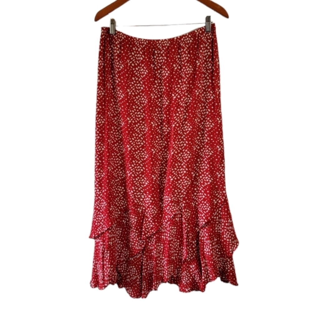 Ali Miles Red White Swiss Dot Tiered Midi Skirt Sz 12 Elastic Waist Cottagecore